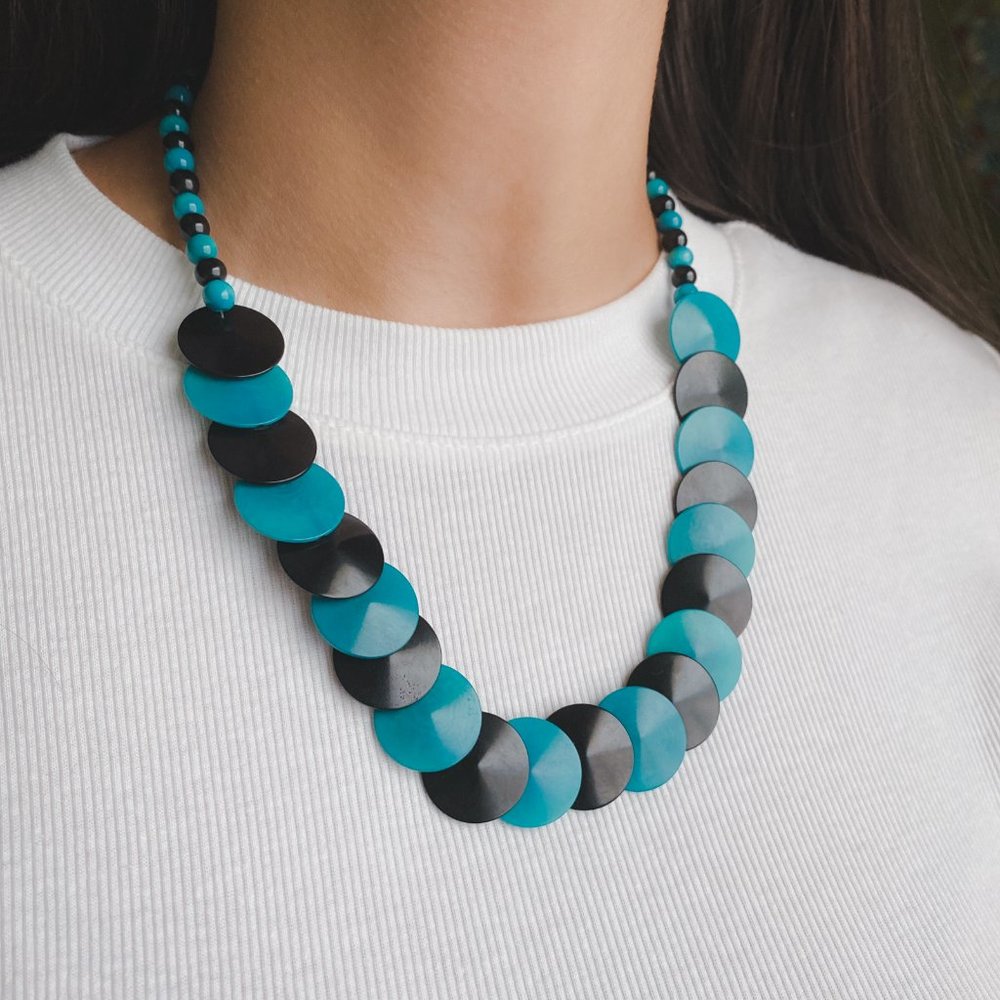 Vintage Black and Blue Dark Teal Funky Round Disc Coin Statement Bib Necklace